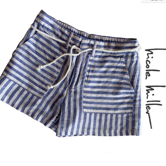 100% Linen Nicole Miller Striped Shorts in Blue & White with Rope Tie Belt - Picture 2 of 9